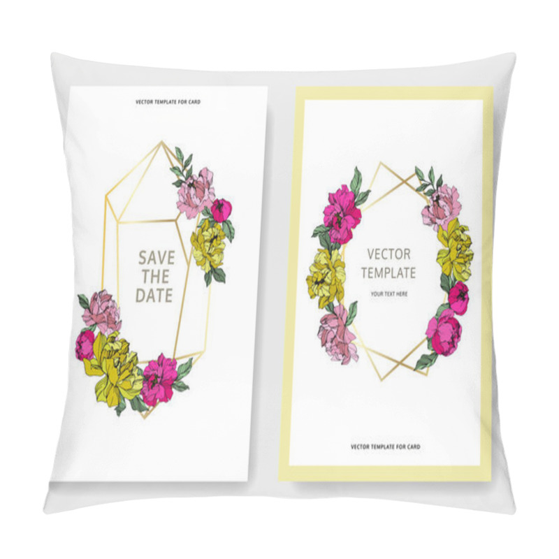 Personality  Vector pink and yellow peonies. Engraved ink art. Save the date wedding invitation cards graphic set banner. pillow covers
