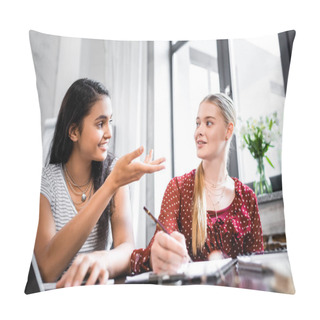 Personality  Selective Focus Of Multicultural Friends Smiling And Talking In Apartment  Pillow Covers