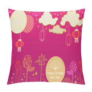 Personality  Happy Chinese New Year Card. Colorful Abstract Ornate Circles, Clouds, Origami Flowers And Oriental Lanterns.  Pillow Covers