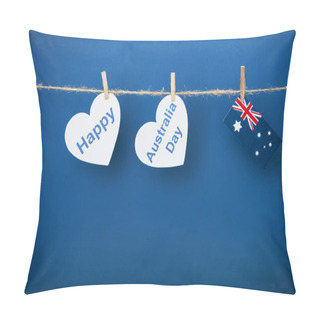 Personality  Rope, Clothespins And Heart-shaped Papers With Happy Near Australia Day Lettering And Flag On Blue Pillow Covers