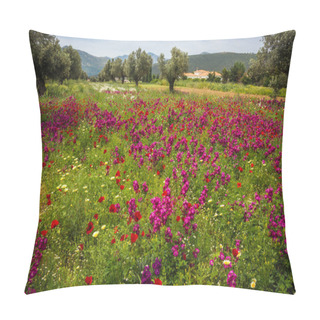 Personality  Field Of Colorful Spring Flowers In Schinias, Greece Pillow Covers