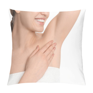 Personality  Young Woman Showing Armpit With Smooth Clean Skin On White Background, Closeup Pillow Covers
