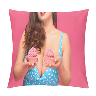 Personality  Cropped Shot Of Sexy Brunette Woman In Swimsuit Holding Delicious Cupcakes Isolated On Pink  Pillow Covers