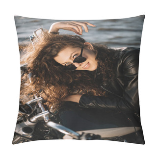 Personality  Beautiful Young Woman Smiling And Sitting On Classic Motorbike Pillow Covers