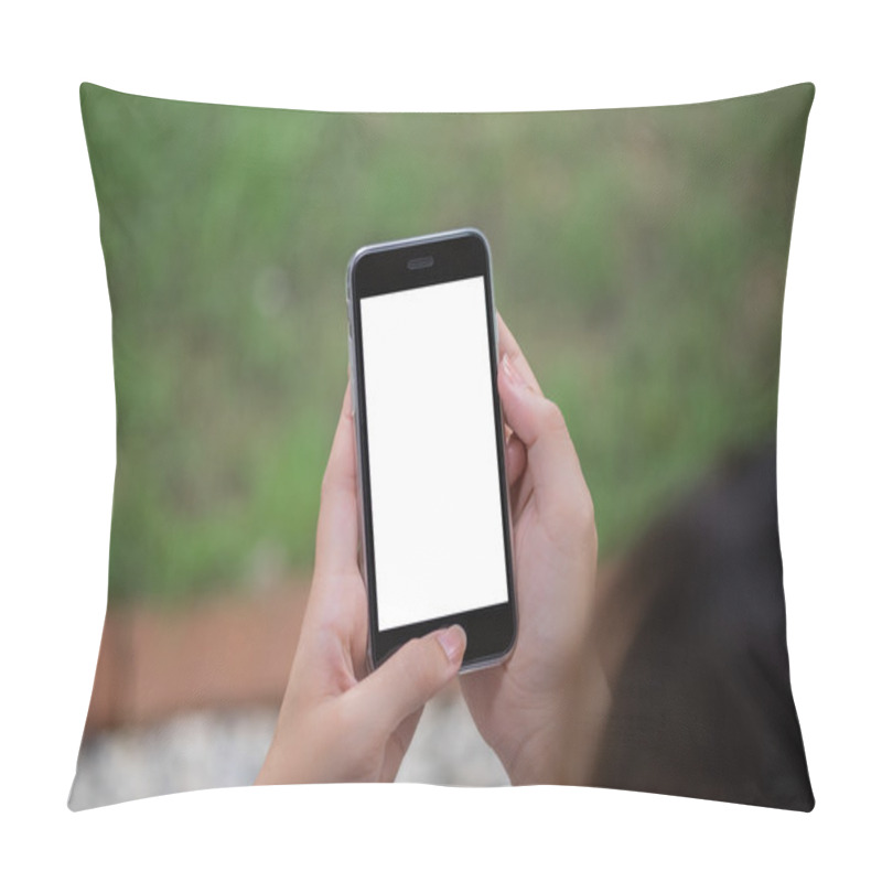 Personality  Close up of a woman using smart phone with blank mobile and cup of coffee .Smart phone with blank screen and can be add your texts or others on smart phone. pillow covers