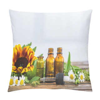 Personality  Sunflower, Chamomile Flowers, Bottles With Essential Oils And Dropper On White Background Pillow Covers