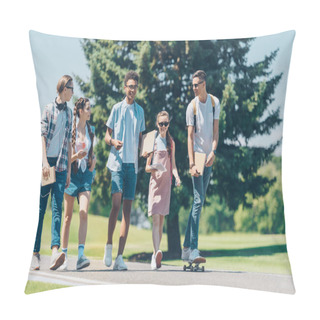 Personality  Multiethnic Group Of Teenagers Talking And Walking Together In Park   Pillow Covers