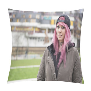 Personality  Woman With Pink Hair At Run-down Housing Estate Pillow Covers