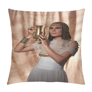 Personality  Woman In Egyptian Look And Pearl Top Holding Jug While Posing On Abstract Background Pillow Covers