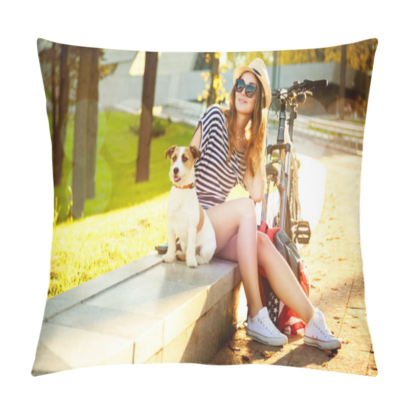 Personality  Smiling Hipster Girl with her Dog and Bike pillow covers