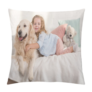 Personality  Adorable Happy Kid And Golden Retriever Lying On Bed In Children Room Pillow Covers