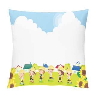Personality  Illustration Of Cute Kindergartener Running In Summer. Pillow Covers