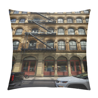 Personality  Cars Moving On Roadway Along Vintage Building With Fire Escape Stairs In New York City, Street View Pillow Covers