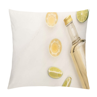 Personality  Top View Of Golden Tequila In Bottle And Shot Glasses With Lime On White Marble Surface Pillow Covers