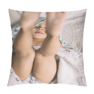 Personality  Top View Of Adorable Boy Lying On Bed With Legs Up And Looking At Camera Pillow Covers