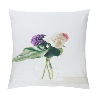Personality  Bouquet Of Blooming Hortensia Flowers And Monstera Leaf In Vase, On White Pillow Covers