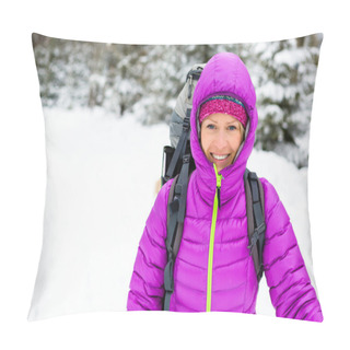 Personality  Happy Woman Walking In Winter Forest With Backpack Pillow Covers