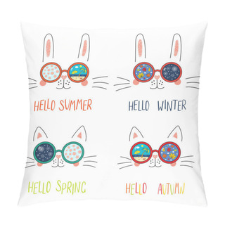 Personality  Set Of Cute Cat, Bunny Faces In Sunglasses With Summer, Autumn, Winter, Spring Symbols Pillow Covers