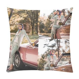 Personality  Collage Of Trendy Woman In Kerchief And Coat Touching Sunglasses Near Luxury Cabriolet Pillow Covers