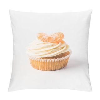 Personality  Close Up View Of Sweet Cupcake With Cream And Tangerine Isolated On White Pillow Covers