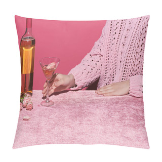 Personality  Cropped View Of Woman Holding Glass Of Rose Wine Near Roses On Velour Cloth Isolated On Pink, Girlish Concept  Pillow Covers