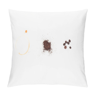 Personality  Top View Of Roasted Coffee Beans, Freshly Ground Coffee And Spilled Coffee Drink Isolated On White  Pillow Covers