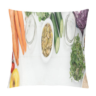 Personality  Top View Of Tasty Fruits And Vegetables In Bowls Near Glass Jars On Wooden White Table With Copy Space, Panoramic Shot Pillow Covers
