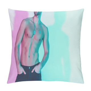 Personality  Cropped View Of Sexy Shirtless Man In Dark Blue Jeans Holding Hands In Pockets On Background With Blue And Violet Shadows Pillow Covers