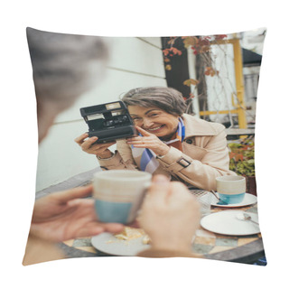 Personality  Happy Senior Woman Holding Vintage Camera And Taking Photo Of Blurred Husband With Cup Of Tea Pillow Covers