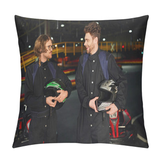 Personality  Happy Two Kart Racers Standing And Chatting Near Racing Cars And Holding Helmets, Go-kart Drivers Pillow Covers