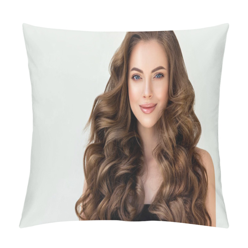 Personality  Beautiful model girl with long wavy and shiny hair . Brunette woman with curly hairstyle pillow covers