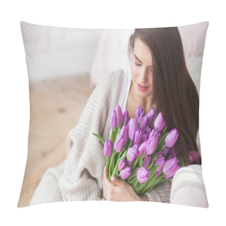 Personality  Attractive Young Woman With Flowers Indoors In The Bedroom. Portrait Of Beautiful Lady At Home. Close Up Shot Of Female With Tulips. Pillow Covers