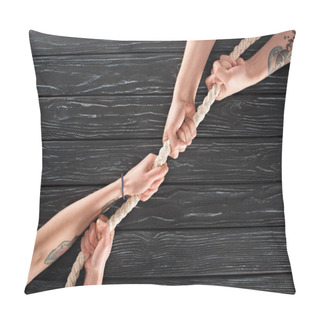 Personality  Cropped Shot Of People Pulling Marine Rope On Dark Wooden Surface Pillow Covers