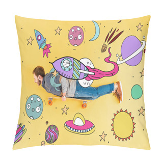 Personality  Top View Of Man With Longboard Lying On Yellow Background With Space Illustration Pillow Covers