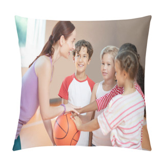 Personality  PE Teacher And Children Smiling Before Starting Basketball Game Pillow Covers