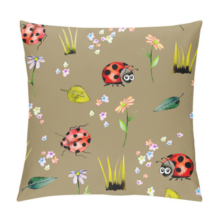 Personality  Seamless Pattern With Watercolor Cute Cartoon Ladybugs And Simple Flowers Pillow Covers