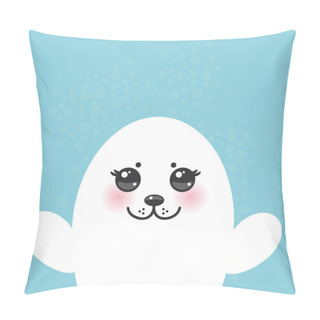 Personality  Card Design Funny White Fur Seal Pups, Cute Seals With Pink Cheeks And Big Eyes. Kawaii Animals Albino On Blue Background. Vector Pillow Covers