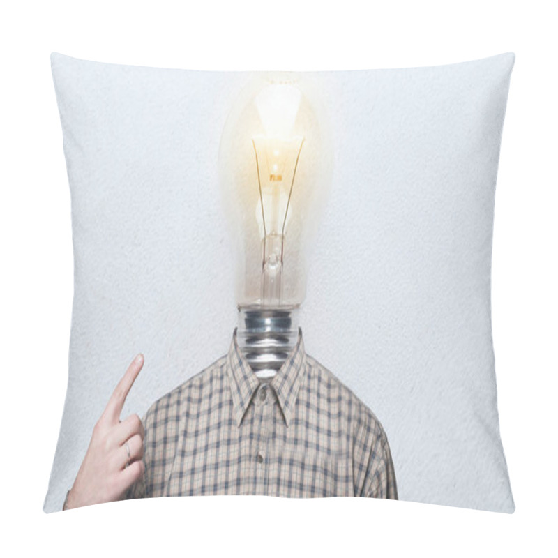 Personality  Man Is The Light Bulb. Man In Shirt With A Light Bulb Instead Of A Head. Pillow Covers