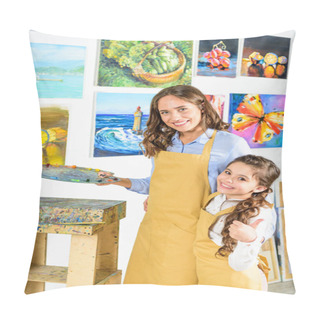 Personality  Teacher Hugging Pupil And She Showing Thumb Up In Workshop Of Art School Pillow Covers