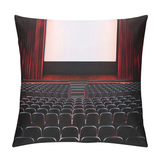 Personality  Auditorium Of An Empty Movie Theatre And Stage With Opened Red Velvet Curtains Viewed From The Rear Of The Rows Seats With Lights On The Screen Pillow Covers