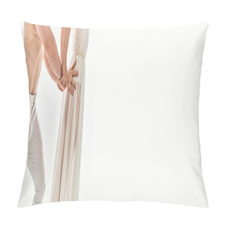 Personality  A Shirtless Young Man And A Woman In A White Dress Dance Gracefully Together, Performing Acrobatic Elements In A Studio Setting. Pillow Covers