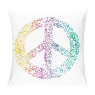 Personality  Vector Peace Symbol Made Of Hippie Theme Doodle Handdrawn Icons, Pacifism Sign. Hippie Style Ornamental Background. Love And Peace, Hand-drawn Doodle Background. Colorful Peace Symbol On White Pillow Covers