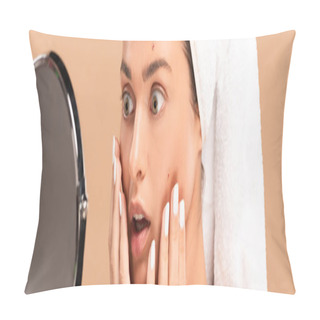 Personality  Panoramic Shot Of Surprised Girl Touching Face With Pimples And Looking At Mirror Isolated On Beige  Pillow Covers