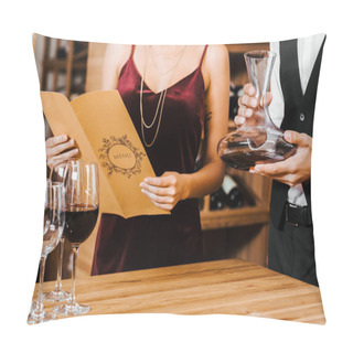 Personality  Cropped Shot Of Wine Steward Holding Decanter While Client Reading Menu List At Wine Store Pillow Covers