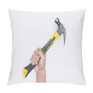 Personality  Cropped Shot Of Man Holding Hammer With Rubber Handle Isolated On White Pillow Covers