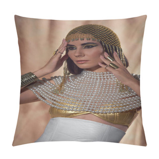 Personality  Portrait Of Brunette Woman In Egyptian Costume And Pearl Necklace Standing On Abstract Background Pillow Covers