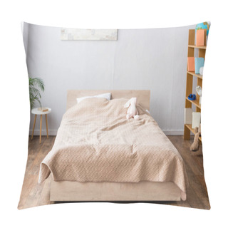 Personality  Spacious Bedroom, Bed With Beige Blanket, Rack With Books And Decorative Plant In Flowerpot Pillow Covers