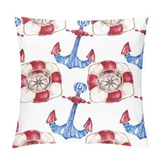 Personality  Seamless Pattern With Lifebuoy, Anchor And Compass. Watercolor Illustration. Pillow Covers