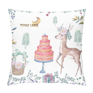 Personality  Cute Baby Deer And Roccoon With Tasty Cake Animal Isolated Illustration For Children. Bohemian Watercolor Boho Forest Deer Family Watercolor Drawing Perfect For Nursery Posters. Birthday Invite. Pillow Covers