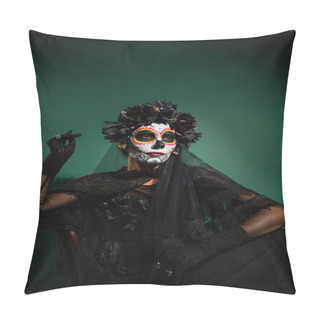 Personality  Woman In Scary Santa Muerte Costume Posing On Green Background  Pillow Covers